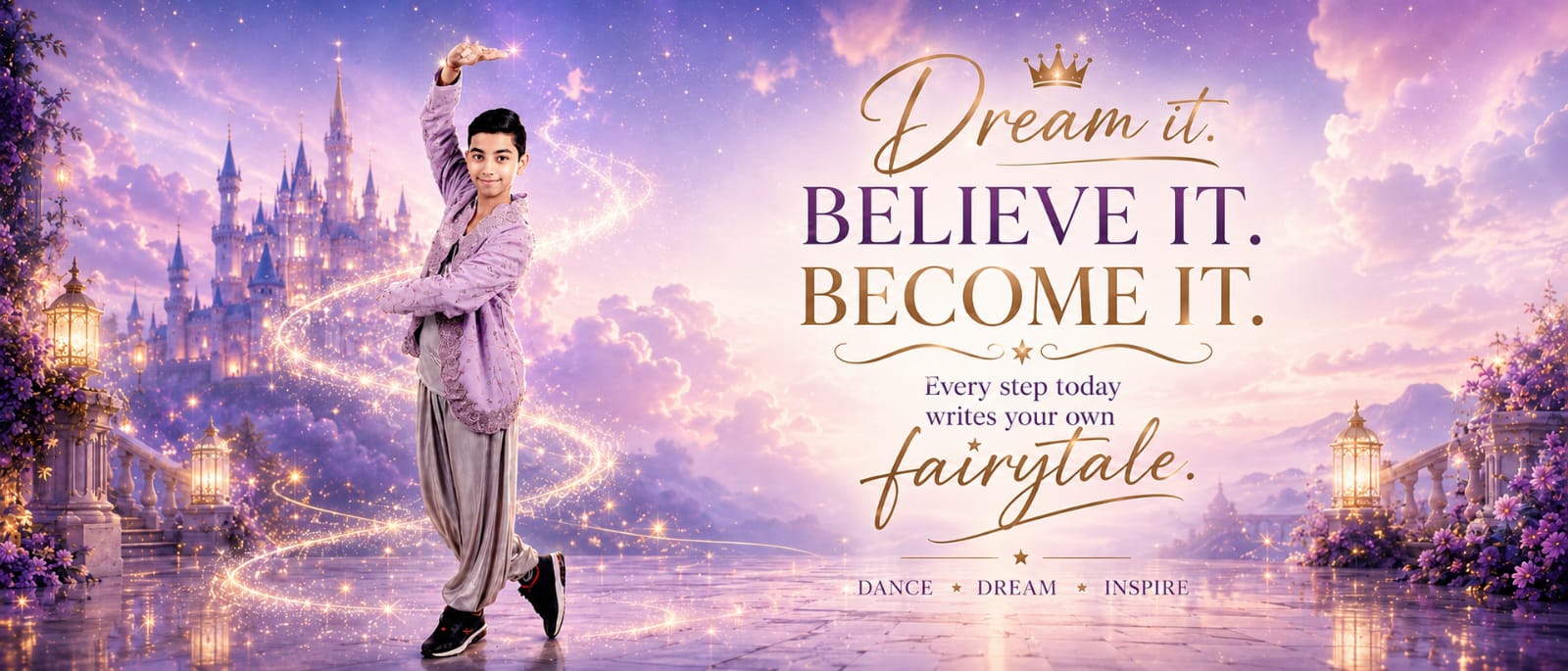 Ayushen dancing in a fairytale setting with the message Dream it, believe it, become it